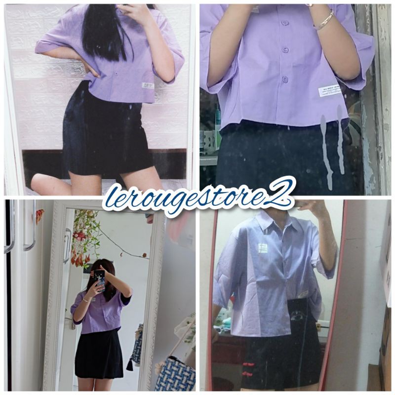 Set trang phục nữ Douyin gồm áo sơ mi dáng ngắn màu tím ngắn tay + váy hai dây đen xẻ tà ulzzang