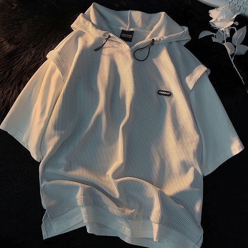 Set Đồ Thể Thao Có Áo Hoodie Tay Ngắn Giả Hai Lớp + Quần Short Plus Size Cho Nam
