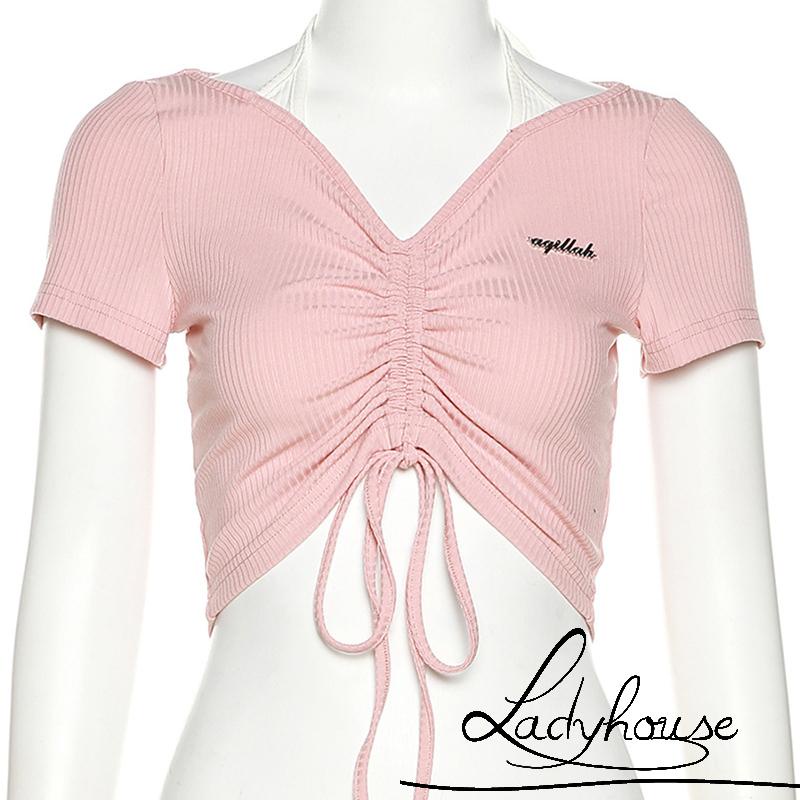 Áo Thun Crop Top Cổ Chữ V Tay Ngắn Dây Rút In Họa Tiết Chữ Dành Cho Nữ