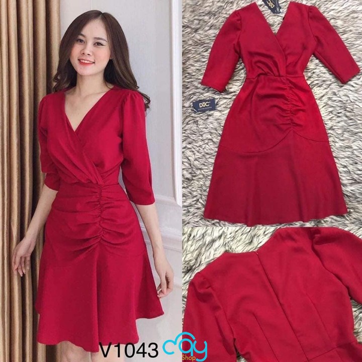 ĐẦM ĐỎ NHÚN CỔ V ĐỦ SIZE S,M,L,XL,XXL - V1043