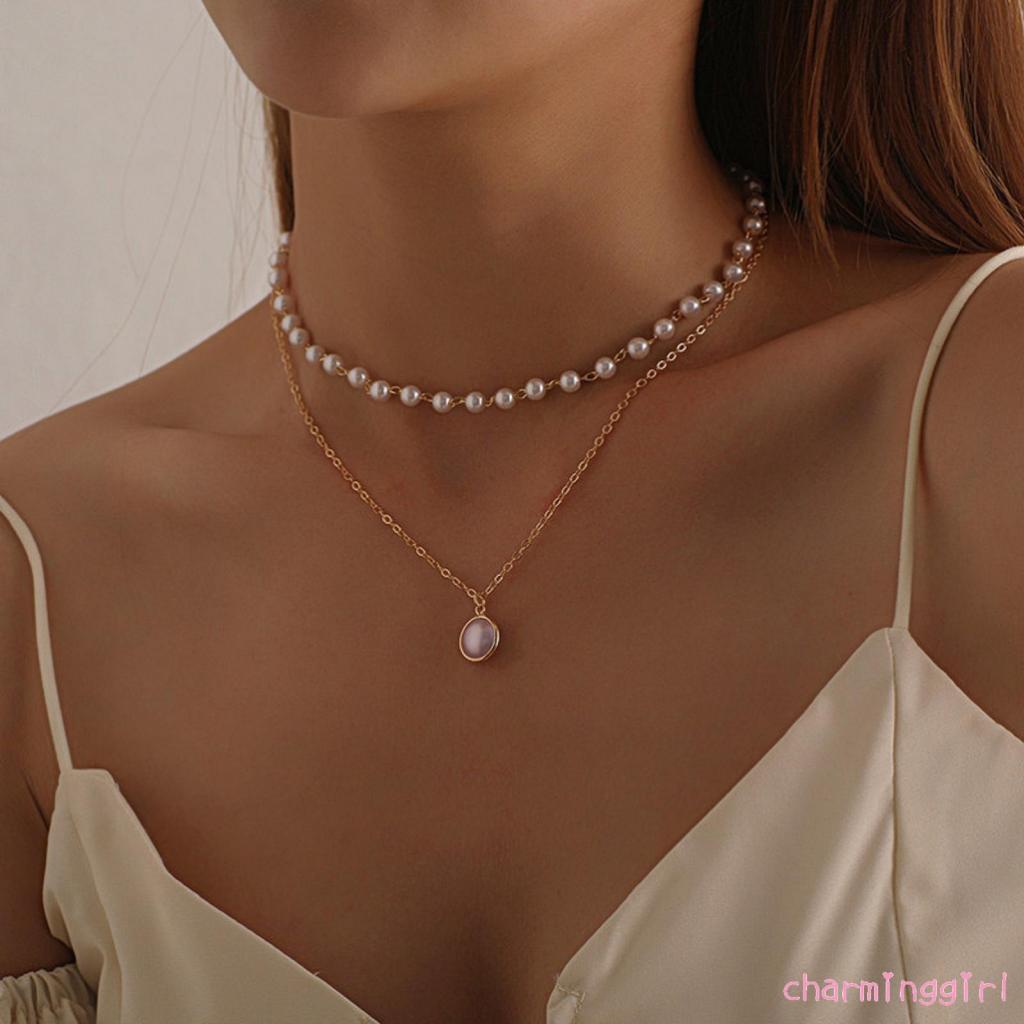 QAQ-Women´s Artificial Pearl Necklace with Pendant Multi-layer Neck Accessories with Adjustable Chain