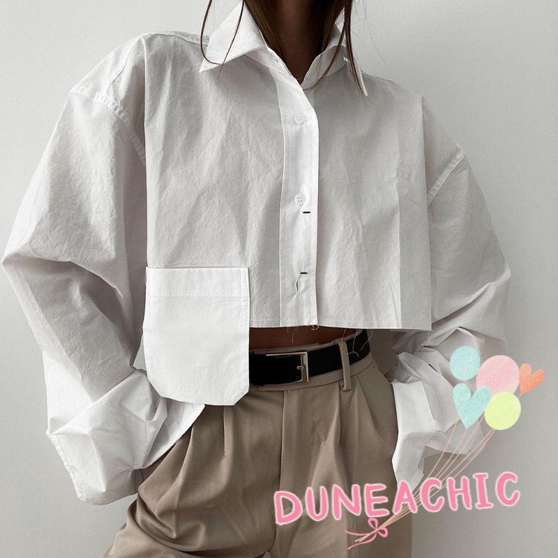 Áo sơ mi DUNEA dáng ngắn cổ polo có túi thời trang dành cho nữ