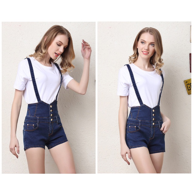Quần short jean yếm màu xanh lưng cao size lớn 60-70kg