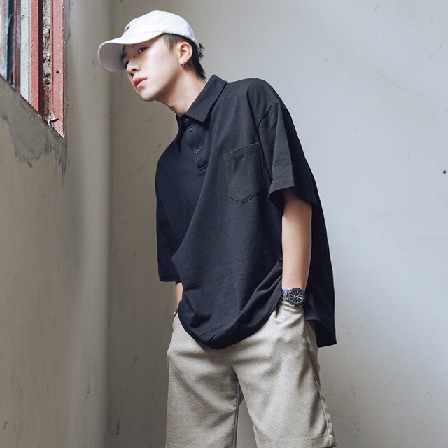 Áo polo da cá cotton Boin Unisex, Áo thun cổ bẻ trơn có túi 4 màu trắng - đen - nâu - xanh cho nam và nữ _ hình Thật