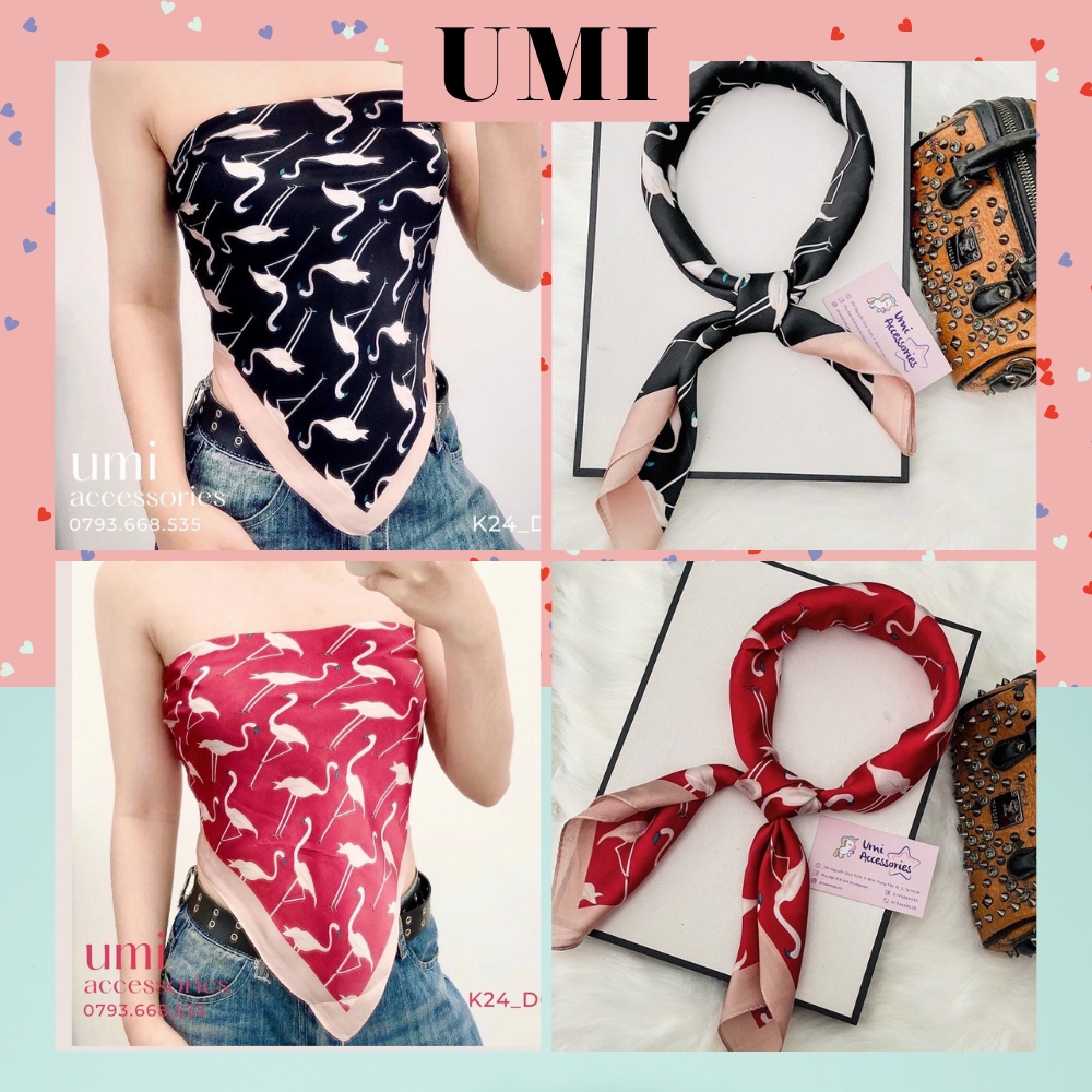 Khăn Bandana Lụa Satin Vuông Họa Tiết Hồng Hạc Cao Cấp Hot Trend 2021 UMI k24