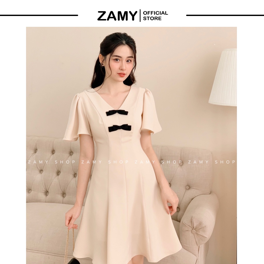 Váy/Đầm ZAMY thiết kế với cổ chữ V kết hợp với nơ đôi cùng phần tay cánh tiên, phong cách thanh lịch, đơn giản (S/M/L)