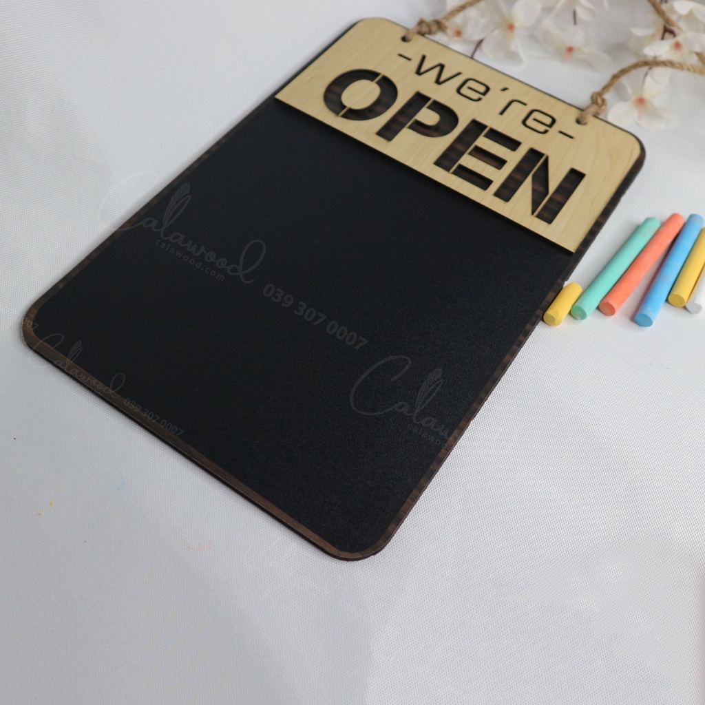 Bảng gỗ OPEN CLOSE hình chữ nhật Bảng Decal viết phấn 2 mặt có dây treo trang trí quán, cửa hàng...