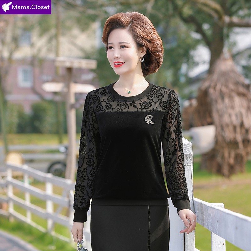#D203 ÁO NHUNG CỔ VÀ TAY REN HOA SANG TRỌNG CHO MẸ, ÁO CHO NGƯỜI TRUNG NIÊN SALE CỰC LỚN 2021