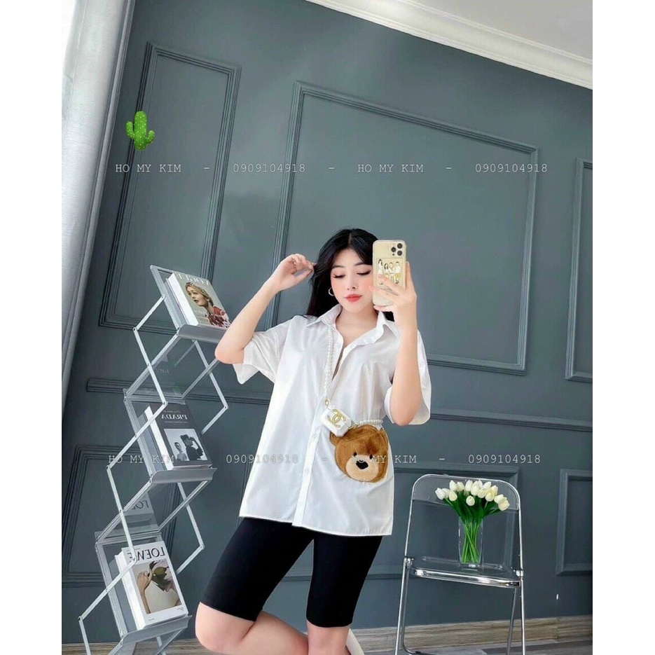 áo sơ mi form rộng tay ngắn thêu lông gấu hình mặt gấu xinh pc