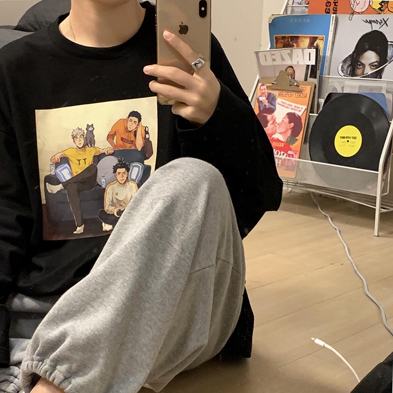 Áo thun tay dài dáng rộng in họa tiết hoạt hình phong cách Nhật Bản thời trang cho nam