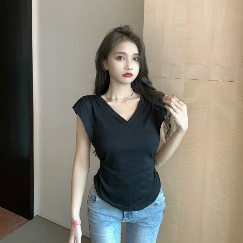 Cocory vn Áo Thun Nữ Ngắn Tay Cổ Chữ V Thời Trang