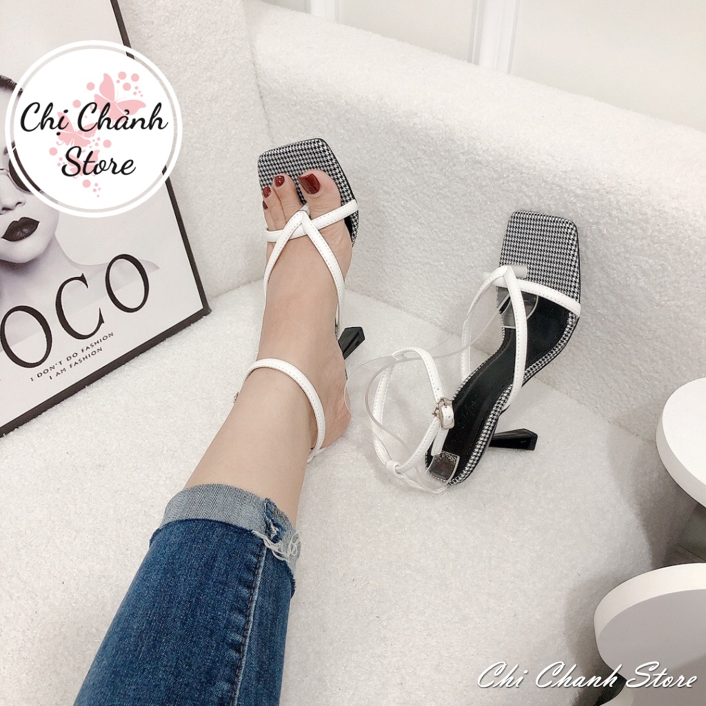 Sandal Cao gót Ly 7p Da Mềm Phối Caro Hàng Chuẩn Form Lên Chân Tôn Dáng - Chị Chảnh Store
