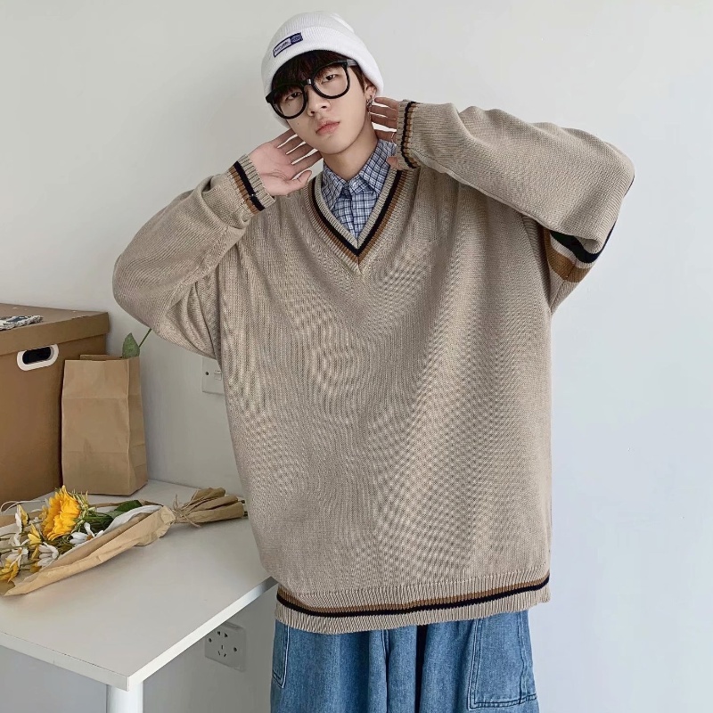Áo Sweater Dệt Kim Tay Dài Dáng Rộng Cổ Chữ V Thiết Kế Đơn Giản Thời Trang Cho Nam