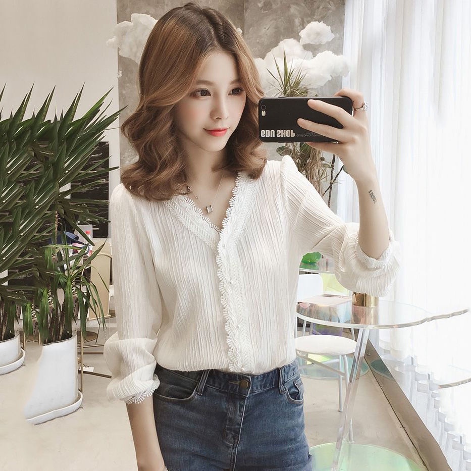 Áo sơ mi chiffon tay dài cổ chữ V dáng rộng thời trang mới cho nữ
