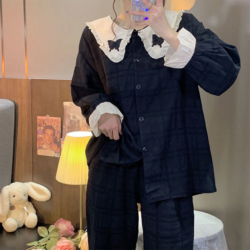 Bộ đồ ngủ tay dài cổ búp bê ngọt ngào đơn giản thời trang thu đông cho nữ