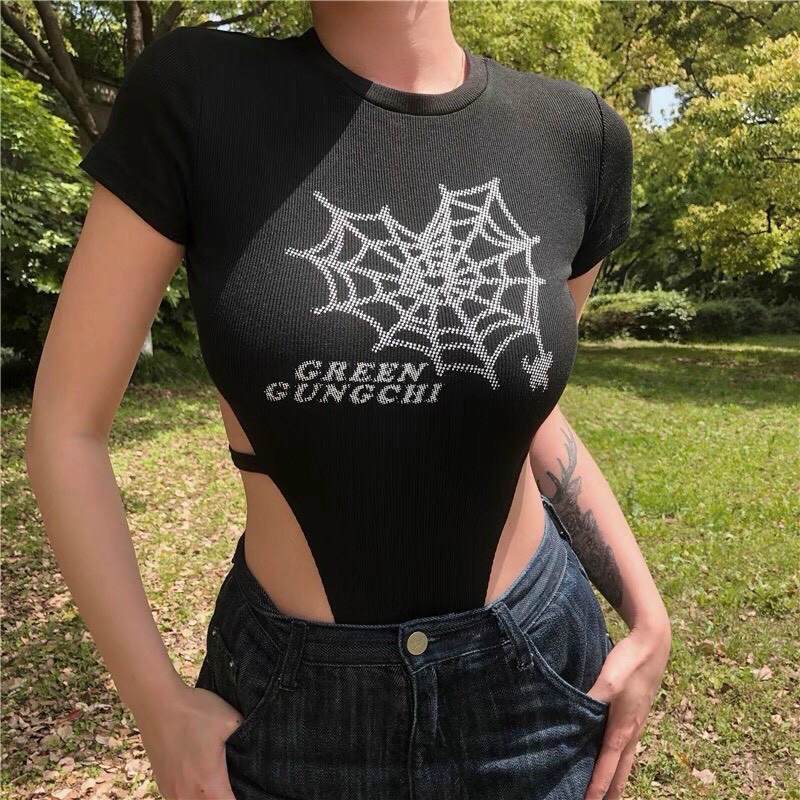 Bodysuit Tay Ngắn Cổ Tròn In Hình Nhện🕷🕸