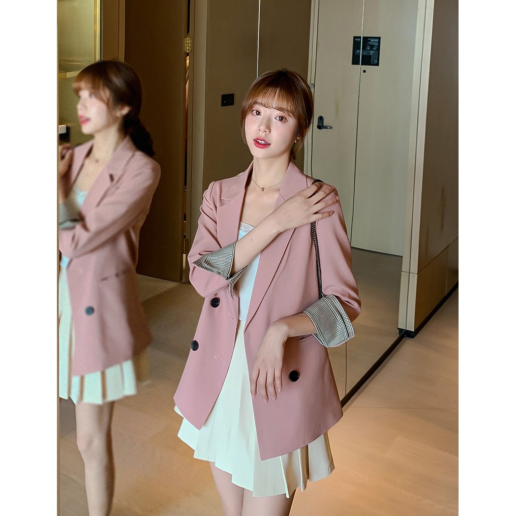 Áo Blazer màu hồng cổ tay caro chất vải cao cấp TN1318-H