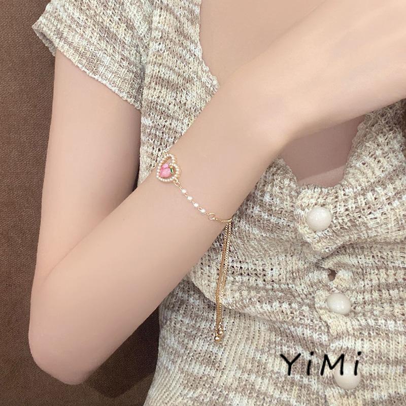 Vòng Tay Chuỗi Hạt Ngọc Trai Mặt Hình Trái Tim Màu Hồng Ngọt Ngào Cho Nữ