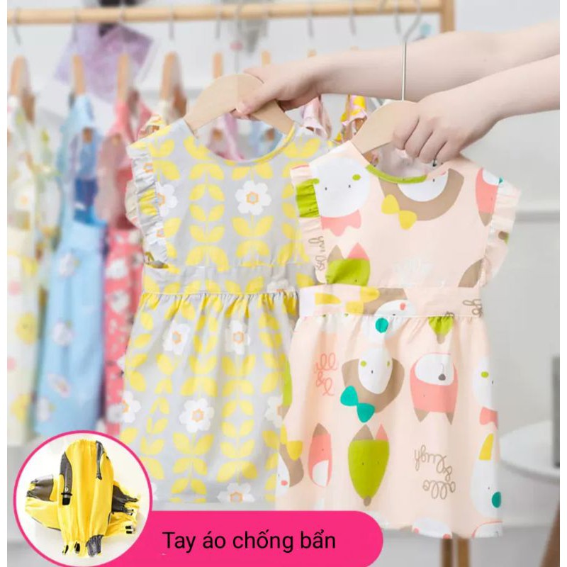 Tạp dề cotton kèm ống tay cho bé từ 9 tháng đến 4 tuổi, tạp dề cho bé ăn dặm, bé tập vẽ tập làm đầu bếp