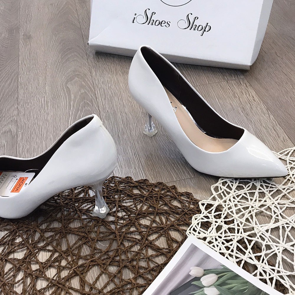 Giày cao gót công sở nữ gót cách điệu bọc mica cao 7cm da bóng thời trang SUNA - D790