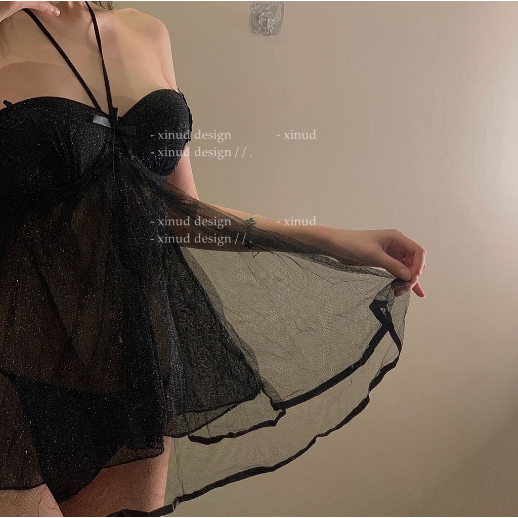 Váy ngủ sexy hai dây đen quyến rũ mỏng xuyên thấu kèm quần lọt khe gợi cảm 8330