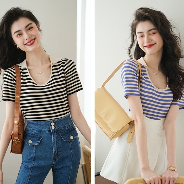 SUXI Áo Thun Ngắn Tay Cổ V Họa Tiết Sọc Ngang Đơn Giản Dễ Phối Đồ Cho Nữ