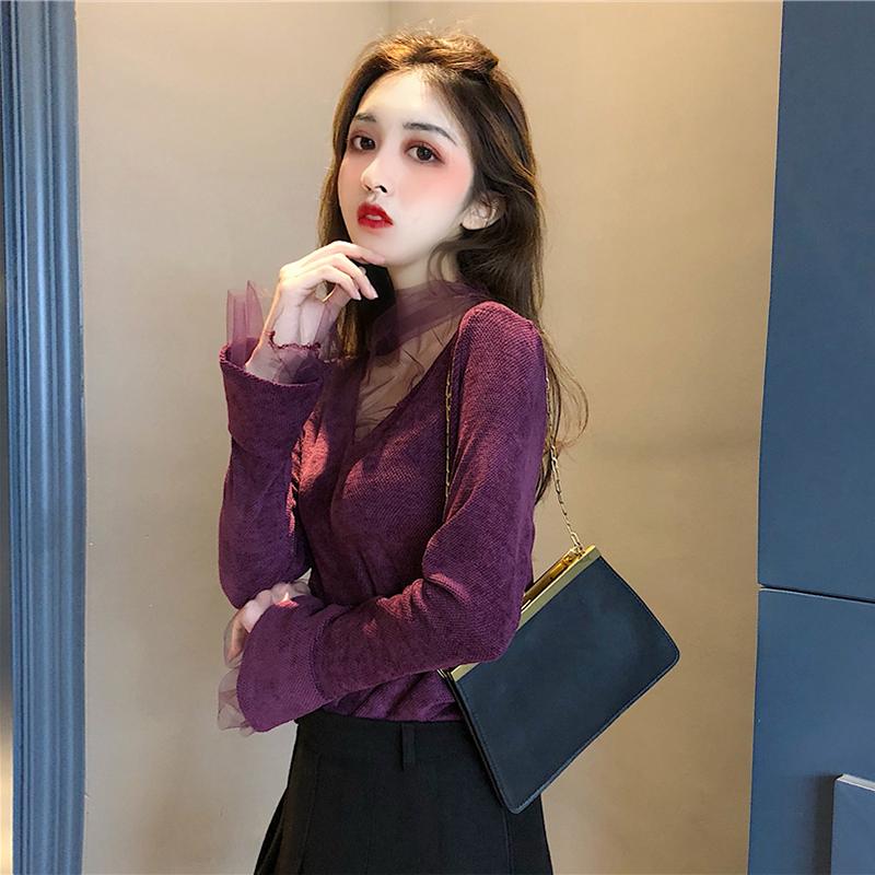 Áo Kiểu Tay Dài Phối Lưới Phong Cách Retro Hàn Quốc Dễ Phối Đồ Cho Nữ