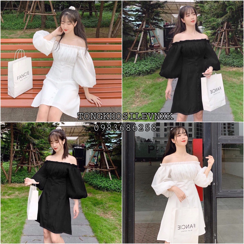 (new) Váy Trắng Đen Trễ Vai Tay Bồng Cúc Dọc Chun eo - Đầm Xòe Bẹt Vai Bèo Phối Tay Chun Trễ Vai Cổ Vuông mặc 2 Kiểu