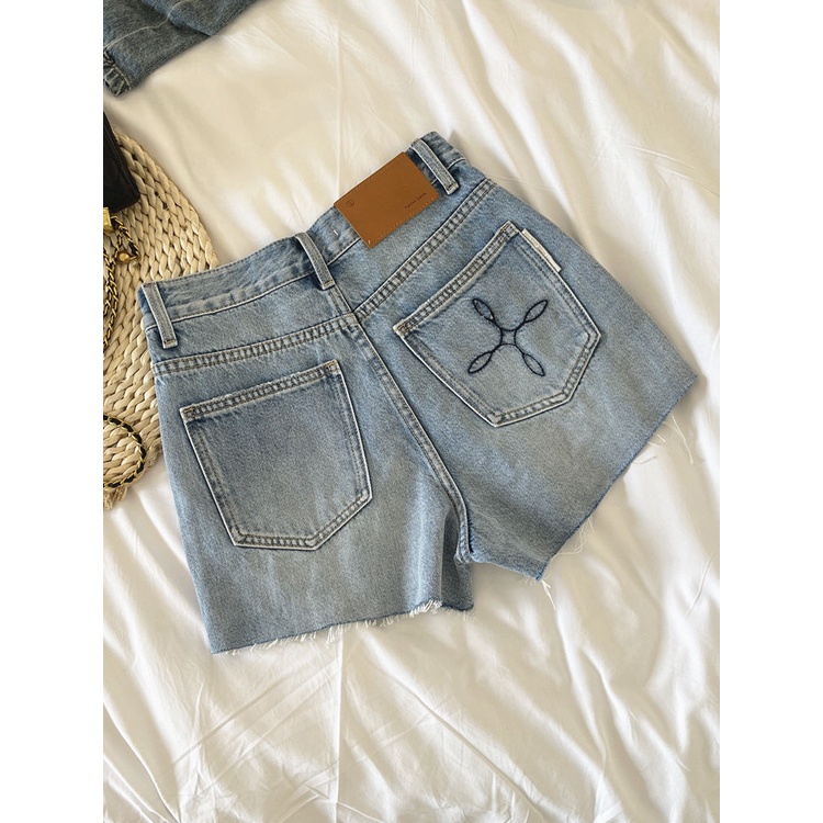 Quần Short Denim Chữ A Lưng Cao Viền Thô Mùa Hè Phong Cách Mới Cho Nữ
