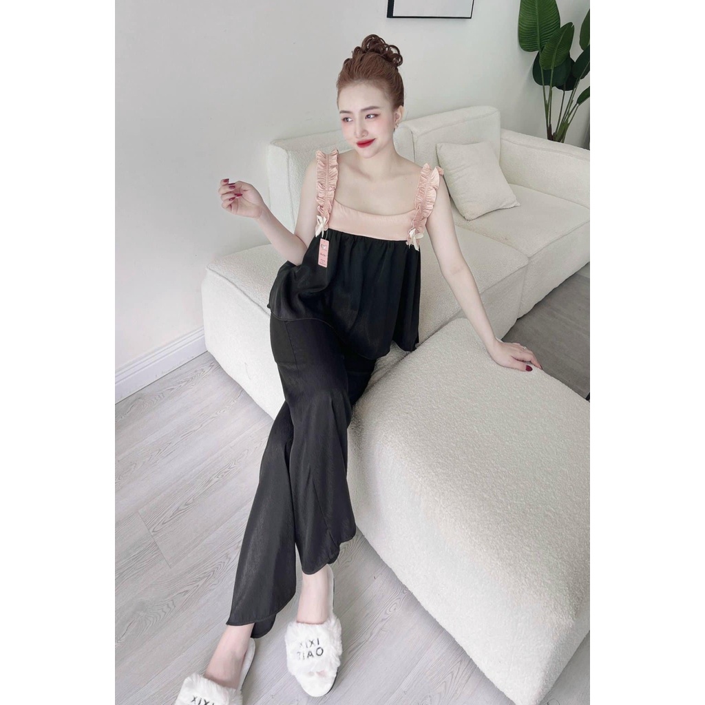 Đồ ngủ 2 dây bảng to, đồ bộ mặc nhà quần dài vải gấm [DN73L]