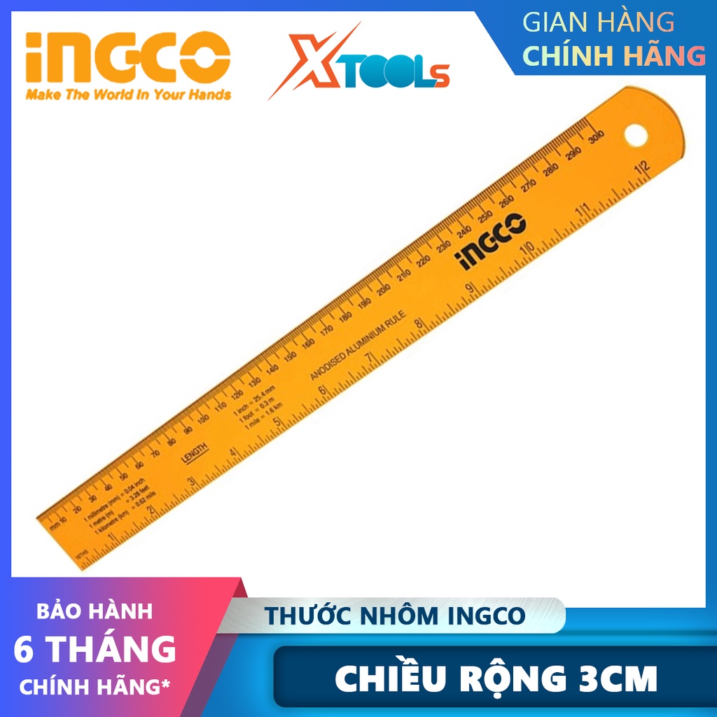 Thước nhôm INGCO HSR23002 | thước lá chiều dài 30cm chiều rộng 3cm chất liệu nhôm anodized đo độ dài, chi tiết như trục,