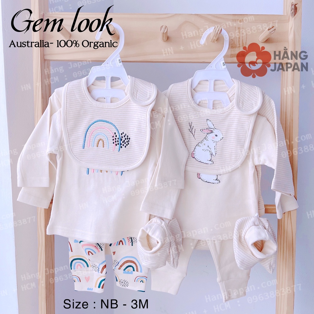 Set body, quần áo Gem Look cho bé tặng kèm mũ yếm bao chân cotton organic hàng Úc