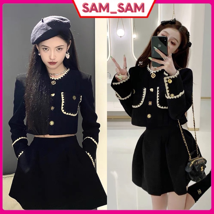 Đồ bộ nữ - Set nhung viền ren cúc đồng cực xịn gồm áo và chân váy cho các nàng sam_sam_shop_1011
