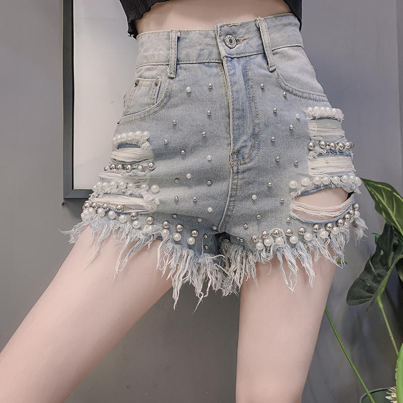 Quần Short Denim Lưng Cao Đính Đá Thời Trang 2021