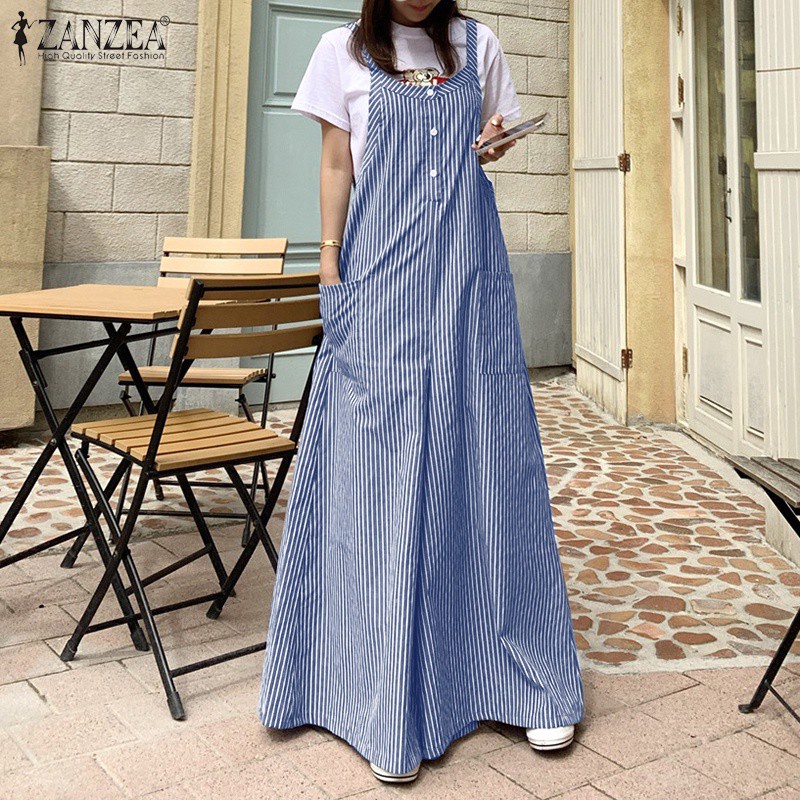 Jumpsuit ZANZEA ống rộng in họa tiết kẻ sọc thời trang sang trọng cho nữ