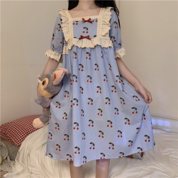 Váy ngủ phối ren họa tiết cherry Ulzzang style Hàng Quảng Châu
