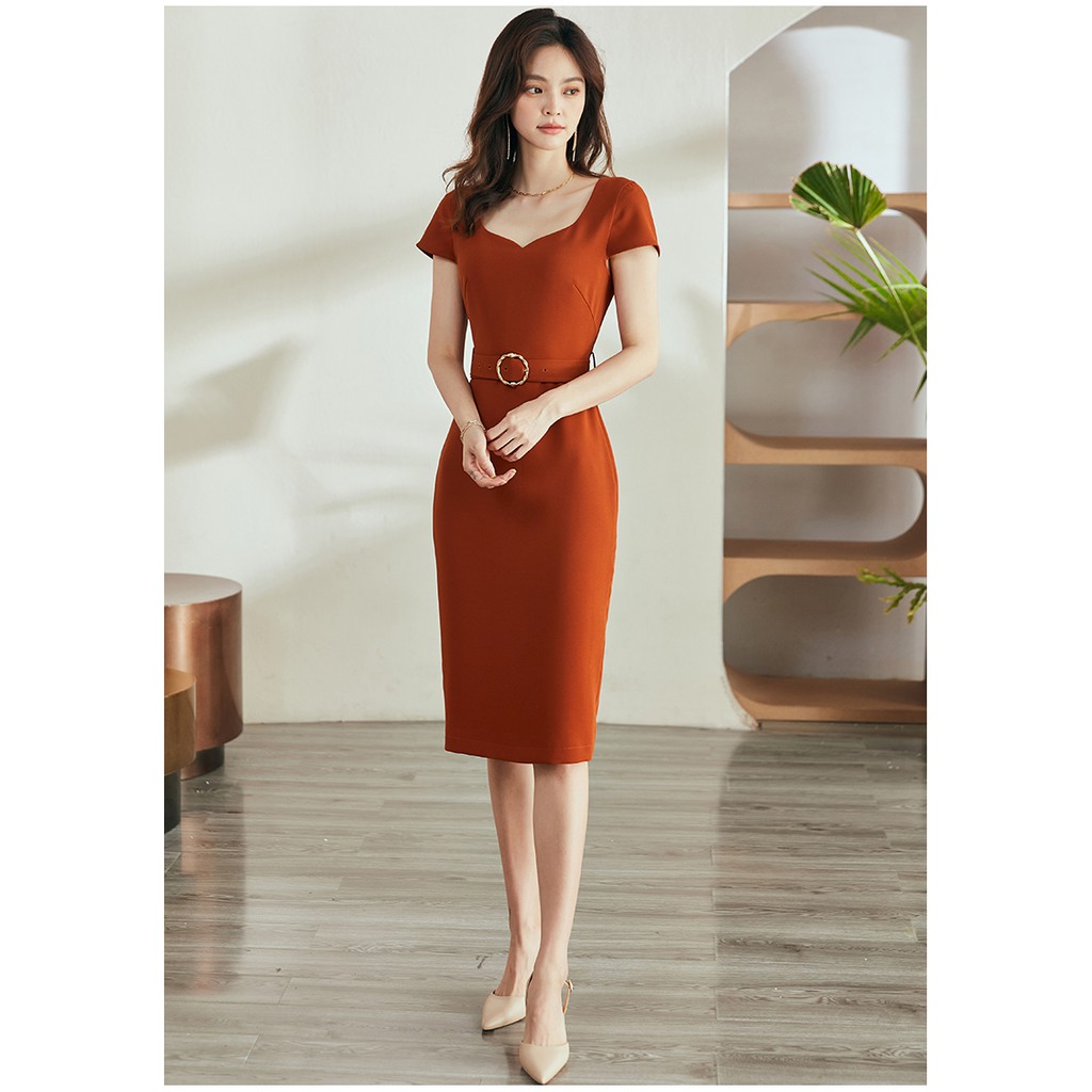Đầm màu cam cổ bầu tay ngắn nhỏ sang trọng đi dự tiệc
