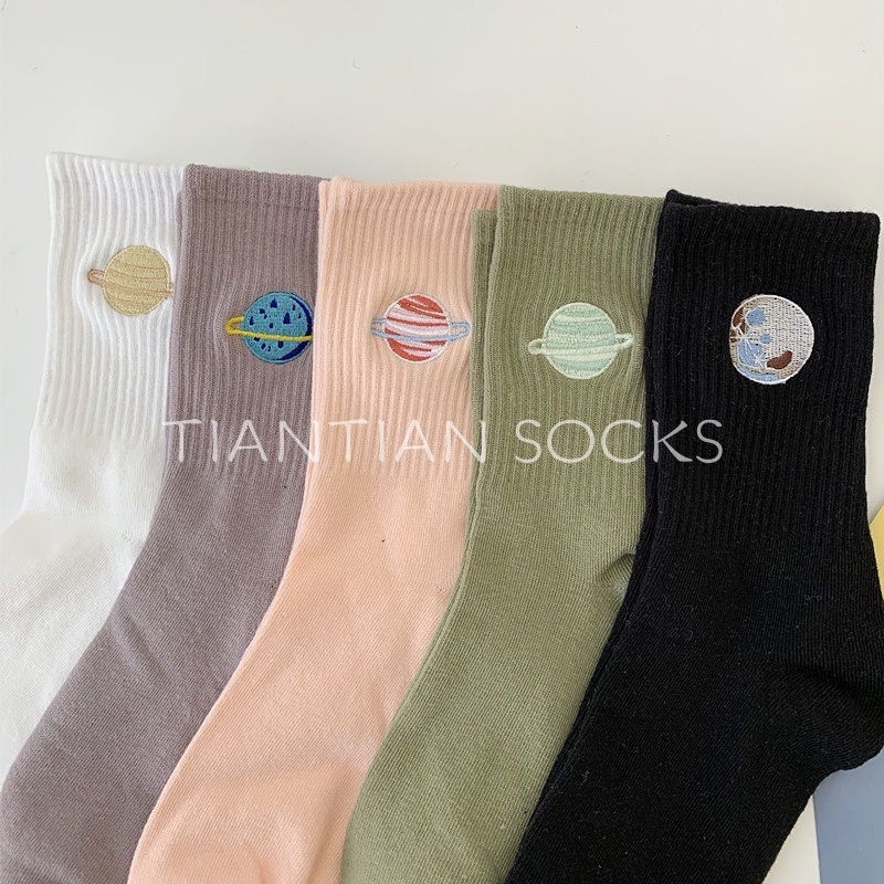 TIANTIAN T003 Vớ Cotton Cổ Cao Thêu Họa Tiết Hành Tinh Hoạt Hình Dễ Thương Thời Trang Nhật Hàn Cao Cấp