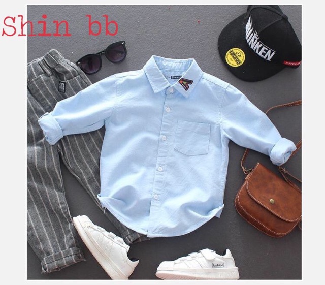 8-25kg. ÁO SƠ MI DÀI TAY BÉ TRAI CỔ THÊU CHỮ A BỐN MÀU CƠ BẢN SANG CHẢNH