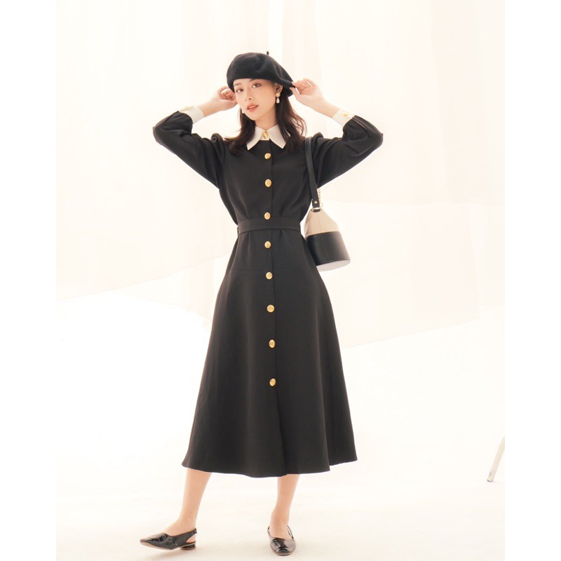 THE19CLUB - Váy sơ mi cotton đen cổ trắng - MARIA DRESS