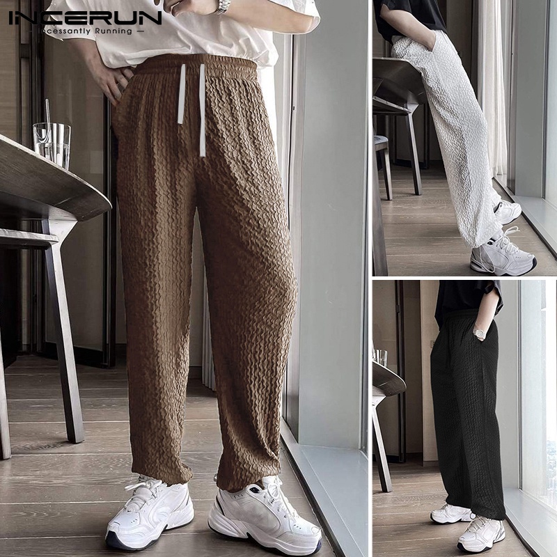Quần dài INCERUN ống suông dáng rộng lưng thun co giãn có dây rút thời trang 3 màu tùy chọn cho bạn nam