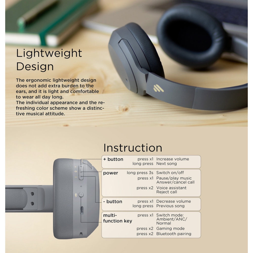 Tai nghe bluetooth chống ồn chủ động Edifier W820NB