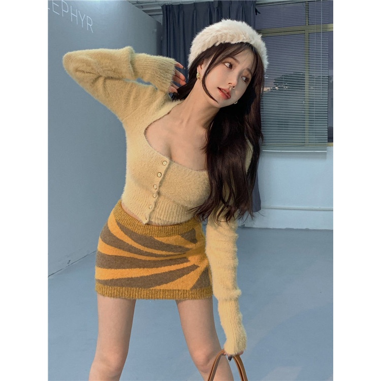 DUNEA Áo dệt kim cổ vuông thiết kế quyến rũ cho nữ