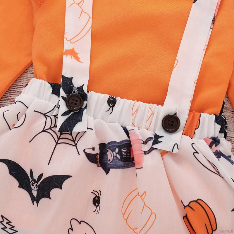 1-5Y Girl Solid Color Long Sleeved T-Shirt Halloween Print Strap Dress 2Pcs