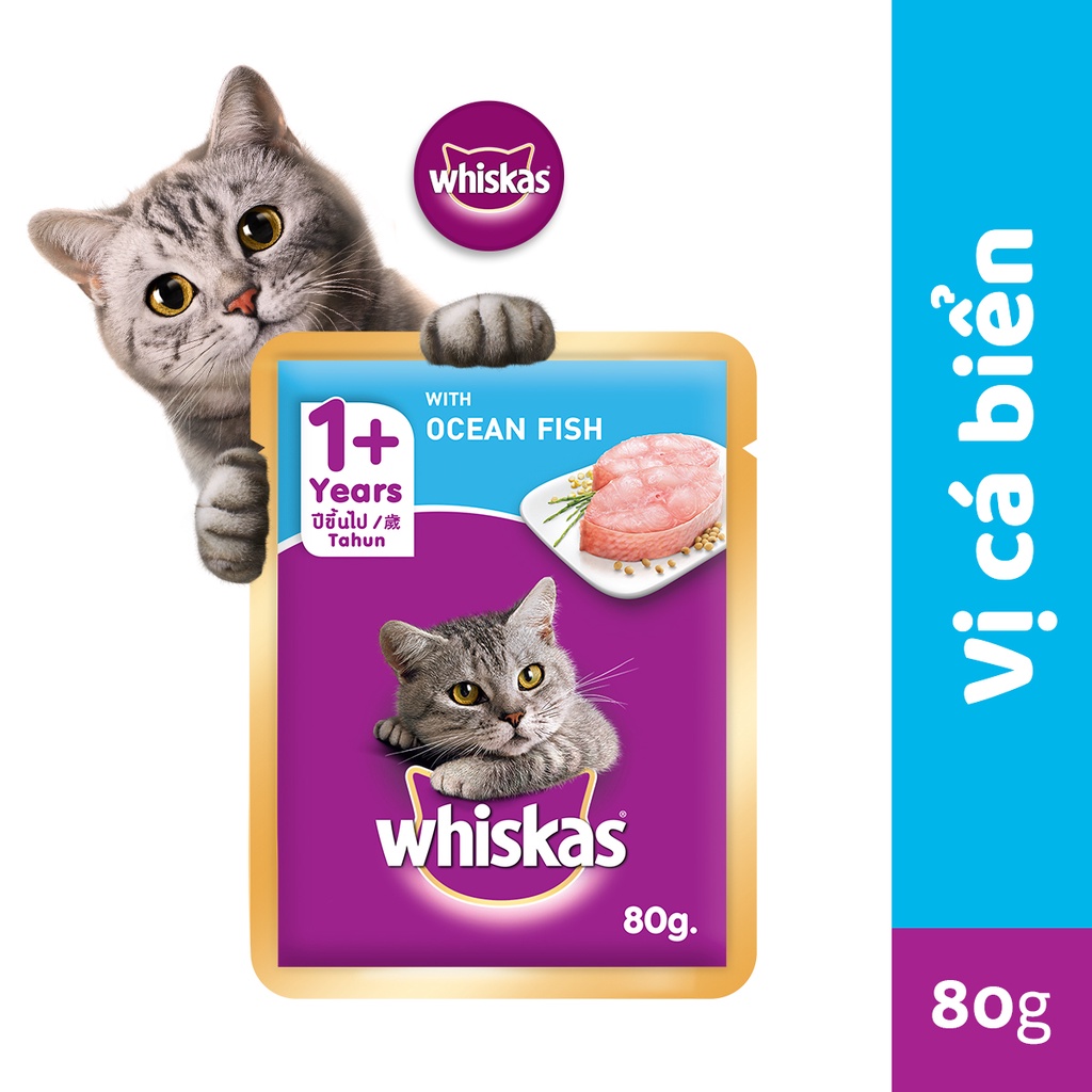 [Quà tặng không bán] Thức ăn mèo lớn Whiskas vị cá biển dạng túi 80g