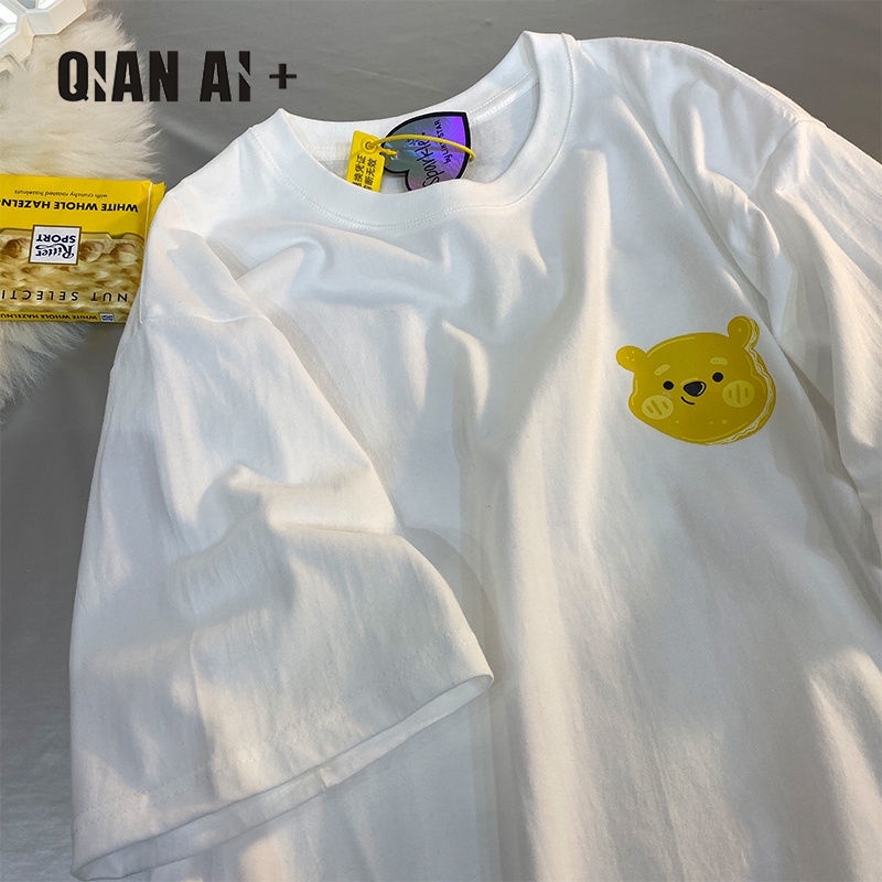 Áo Thun Cotton Ngắn Tay Dáng Rộng In Họa Tiết Gấu Hoạt Hình Xinh Xắn Dành Cho Nữ