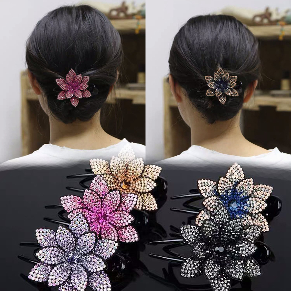 Kẹp Tóc Hình Hoa Xinh Xắn Cho Nữ|Kẹp Tóc Kim Loại Màu Xám/Xanh Dương/Tím Sáng Bóng Linh Hoạt Cho Nữ