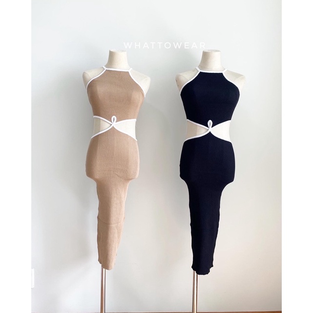 SALE Đầm yếm body dệt kim cut out eo bo viền trắng