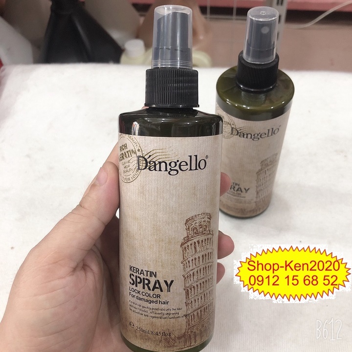 Xịt dưỡng phục hồi tóc Dangello Keratin Spray 250ml chống cháy tóc, khóa màu, siêu mượt