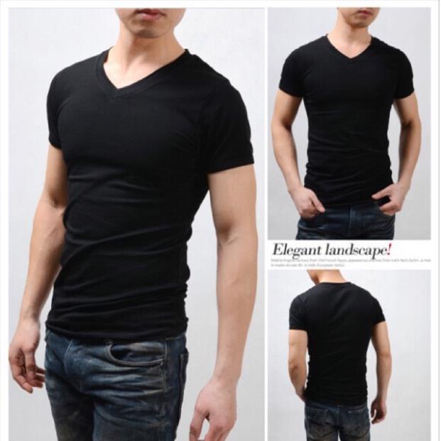 Áo thun nam body cổ tim vải cotton mịn mát có hình thật Đẹp